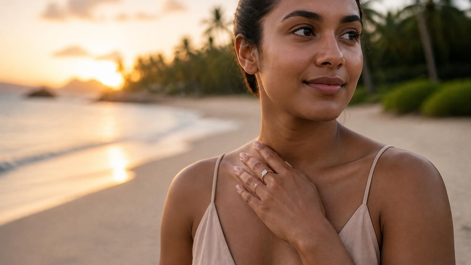 Best engagement rings in Fiji — Fijian woman with Satéur Destinée Ring at Mamanuca Islands beach