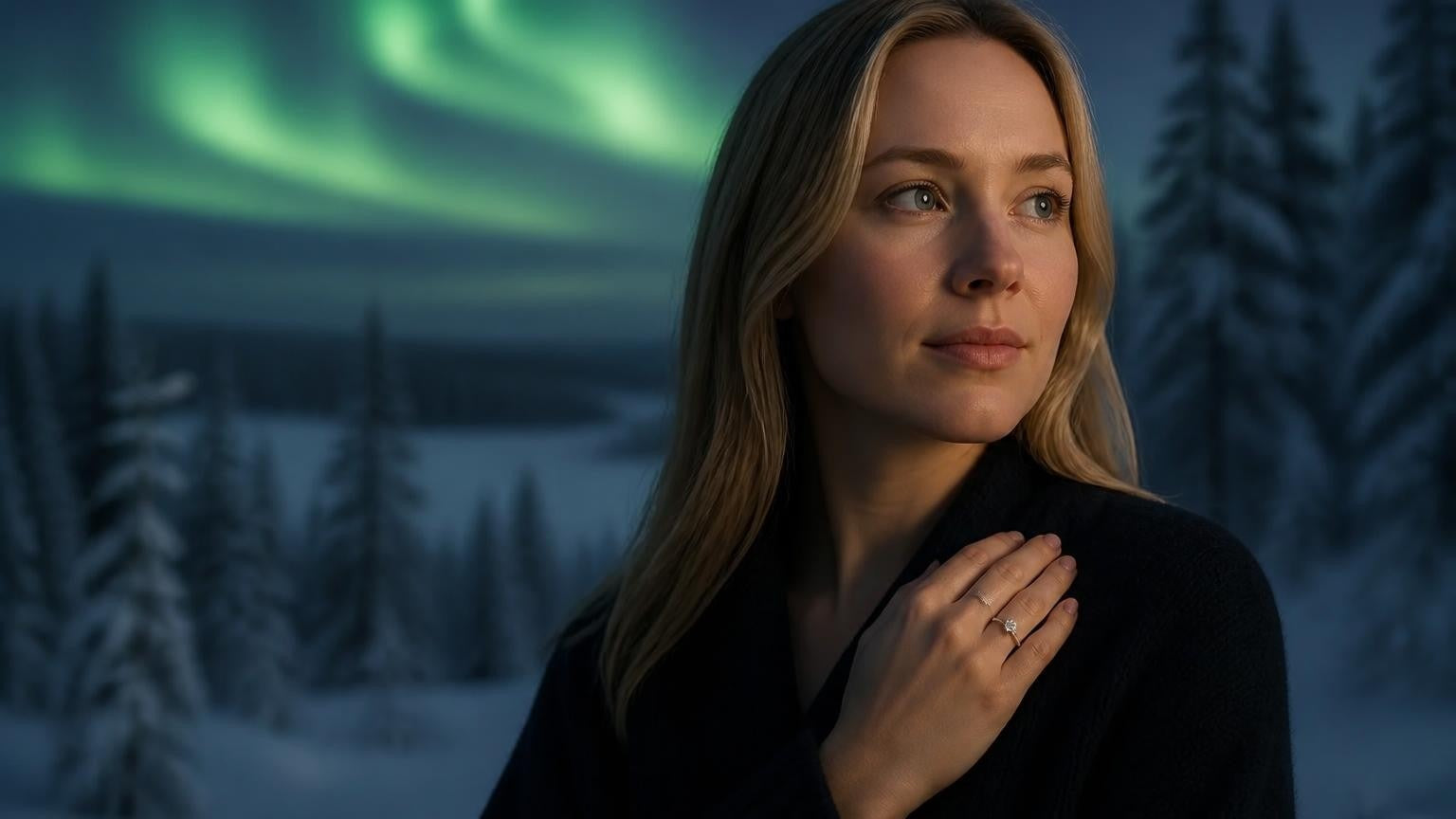 Best engagement rings in Finland — elegant Finnish woman with Satéur Destinée Ring against aurora borealis over Lapland