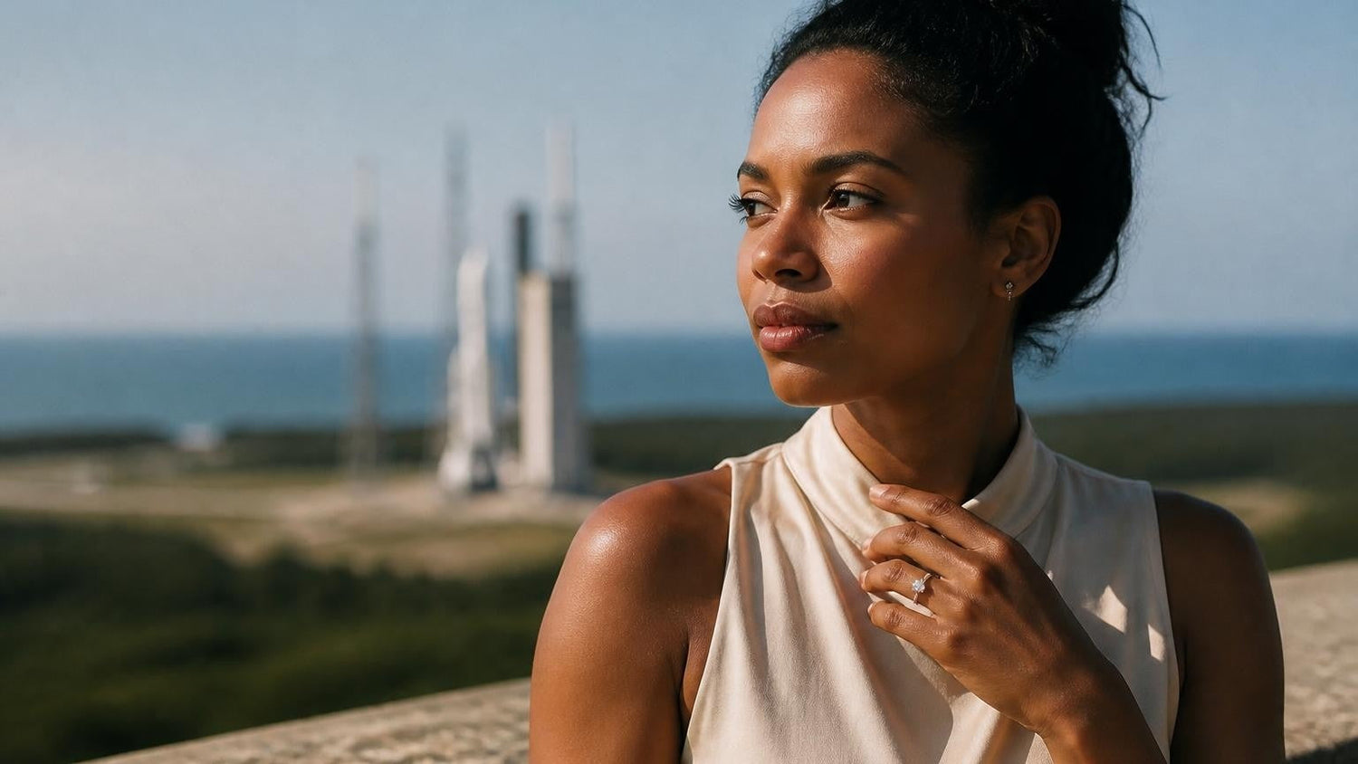 Best engagement rings in French Guiana — Satéur Destinée Ring with Kourou Space Centre backdrop