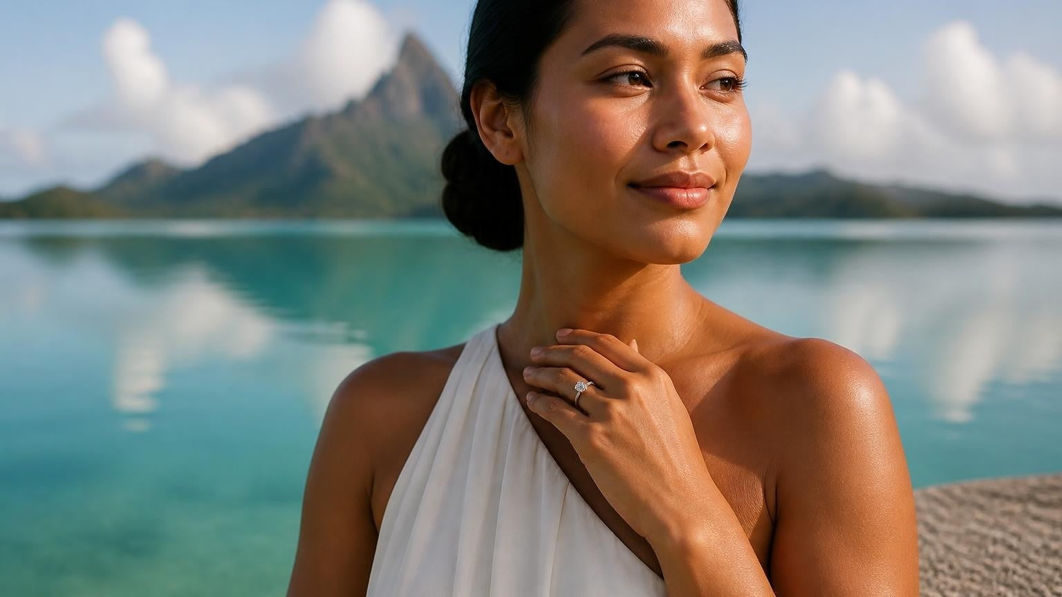 Best engagement rings in French Polynesia — Satéur Destinée Ring with Mount Otemanu and Bora Bora lagoon