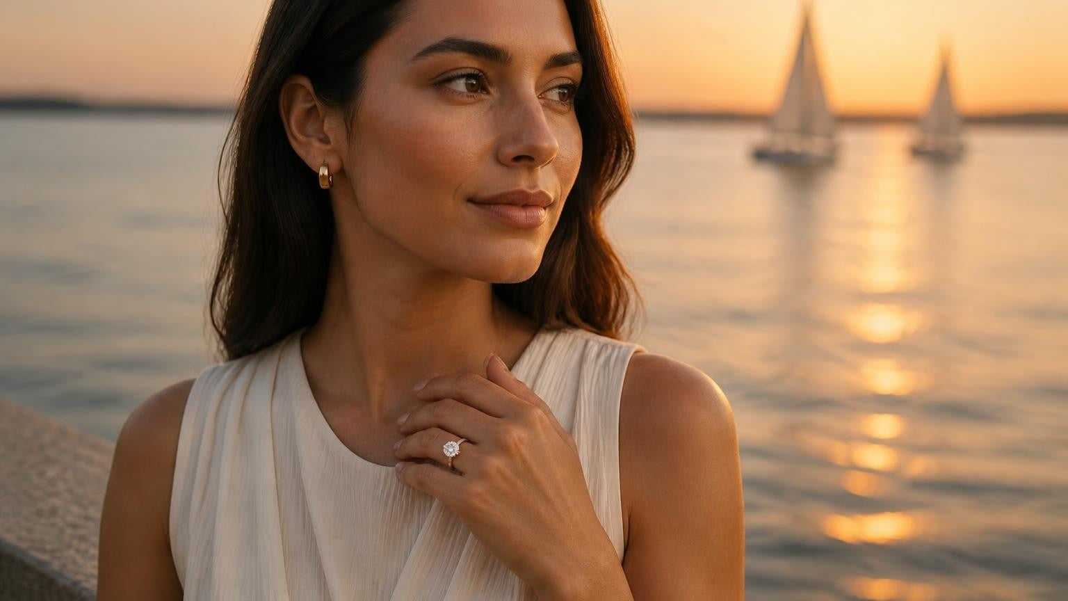 Best engagement rings in Garland Texas — Satéur Destinée Ring at Lake Ray Hubbard at golden hour
