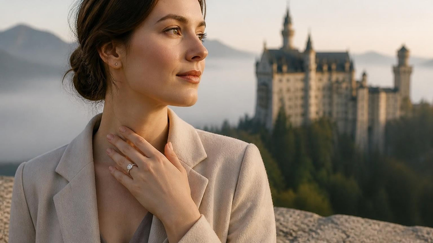 Best engagement rings in Germany — Satéur Destinée Ring™ with Neuschwanstein Castle backdrop