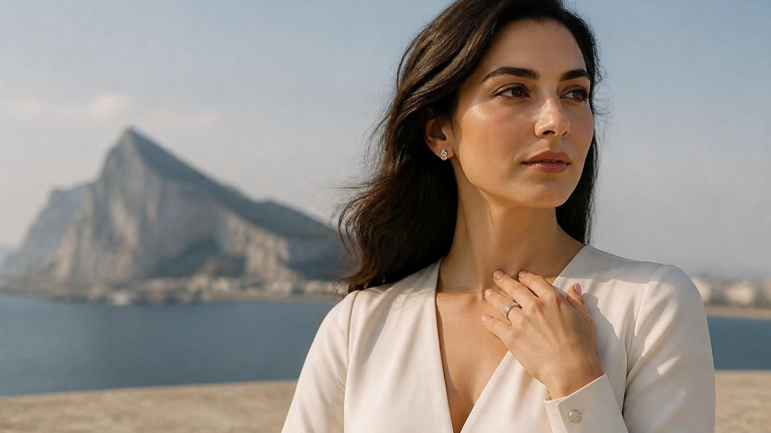 Best engagement rings in Gibraltar — elegant woman with ring, Rock of Gibraltar behind