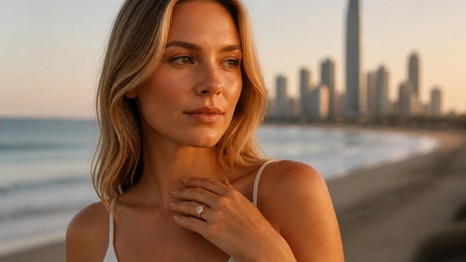 Best engagement rings in Gold Coast — Satéur Destinée Ring on a woman's hand with Surfers Paradise at sunrise
