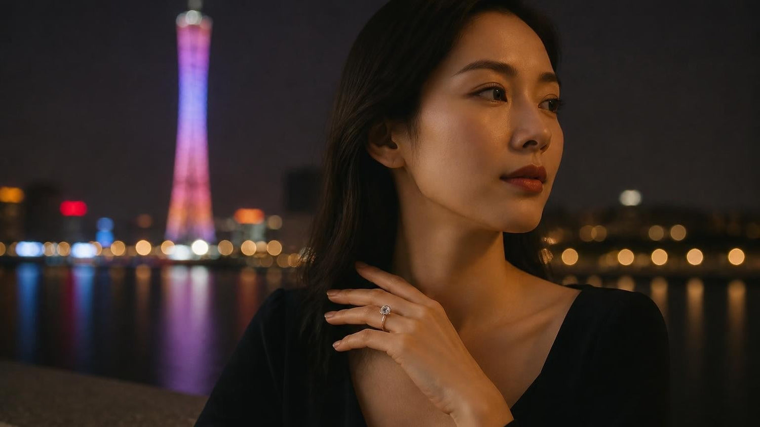 Best engagement rings in Guangzhou — Satéur Destinée Ring with elegant Cantonese woman and Canton Tower at night