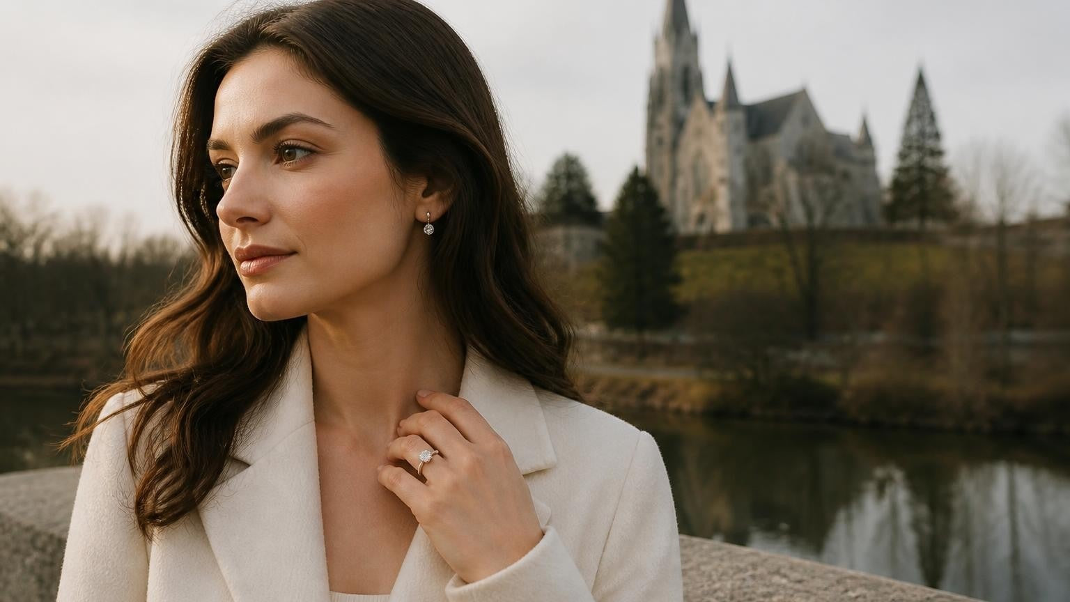 Best engagement rings in Guelph — woman wearing Satéur Destinée Ring with the Church of Our Lady Immaculate