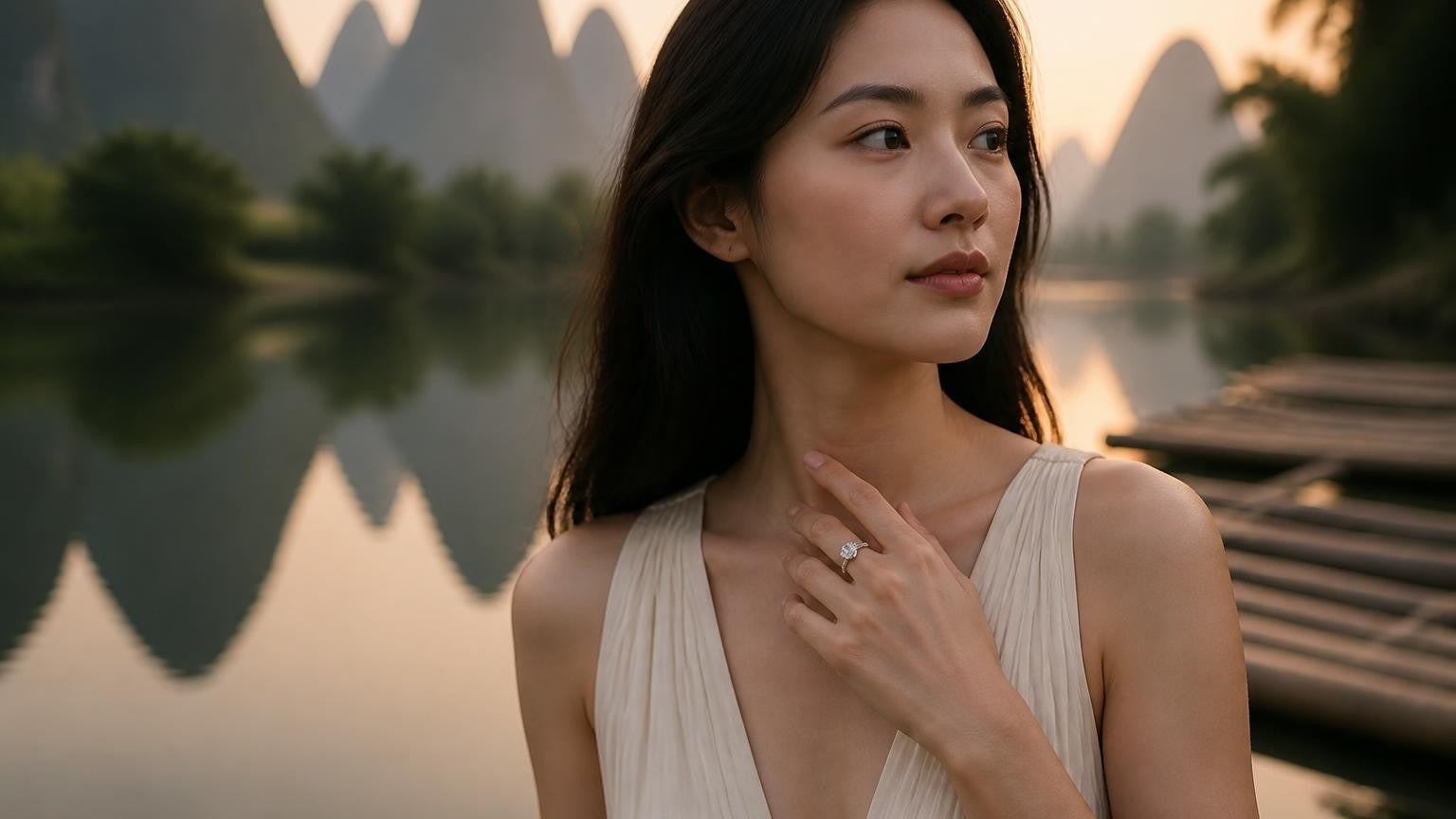 Best engagement rings in Guilin — elegant woman with Satéur Destinée Ring, Li River karst peaks at dawn