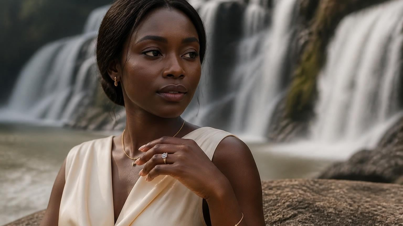 Elegant Guinean woman with engagement ring, Chutes de la Sala waterfall, Guinea
