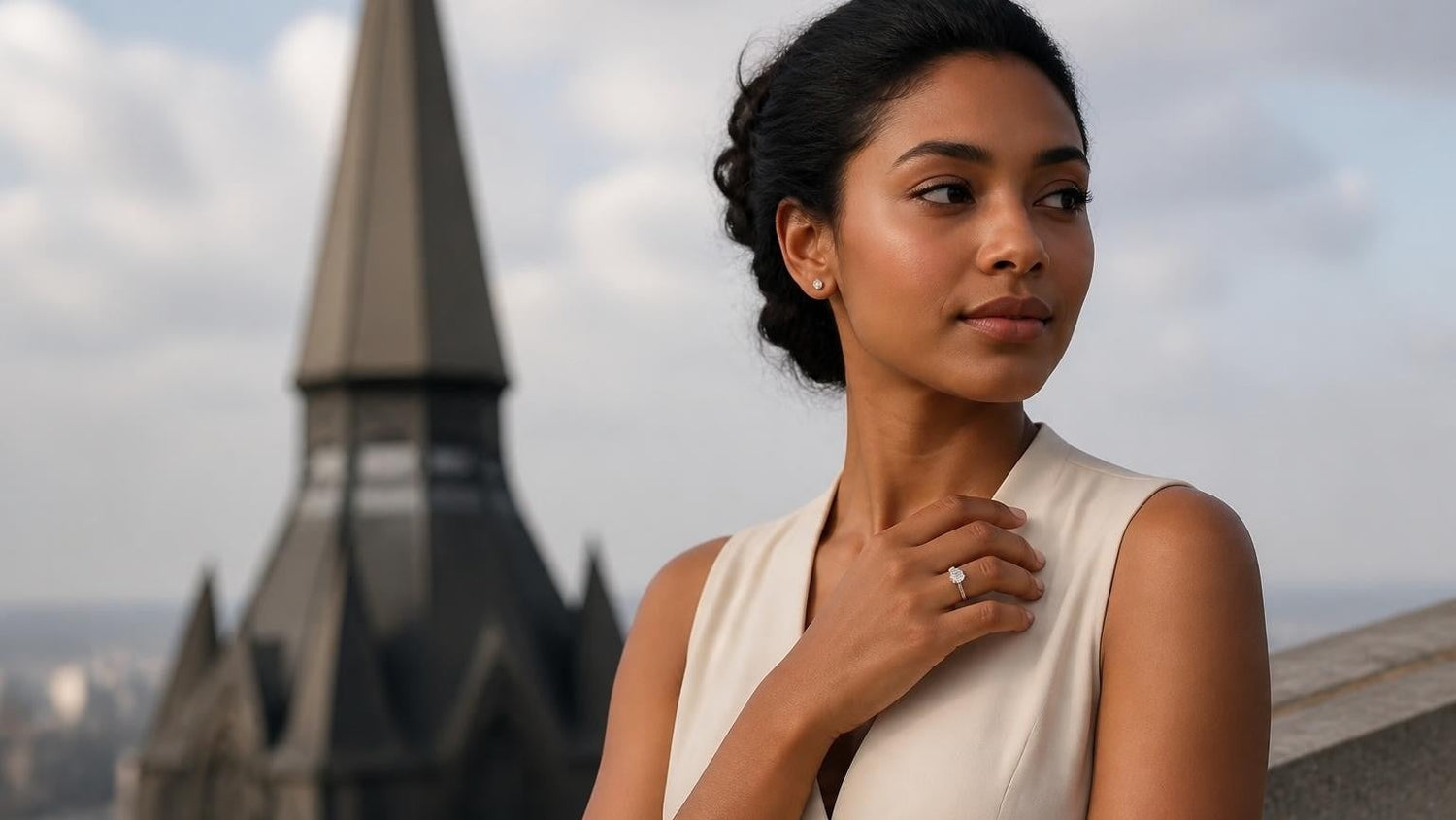 Best engagement rings in Guyana — elegant woman with ring, St. Georges Cathedral Georgetown