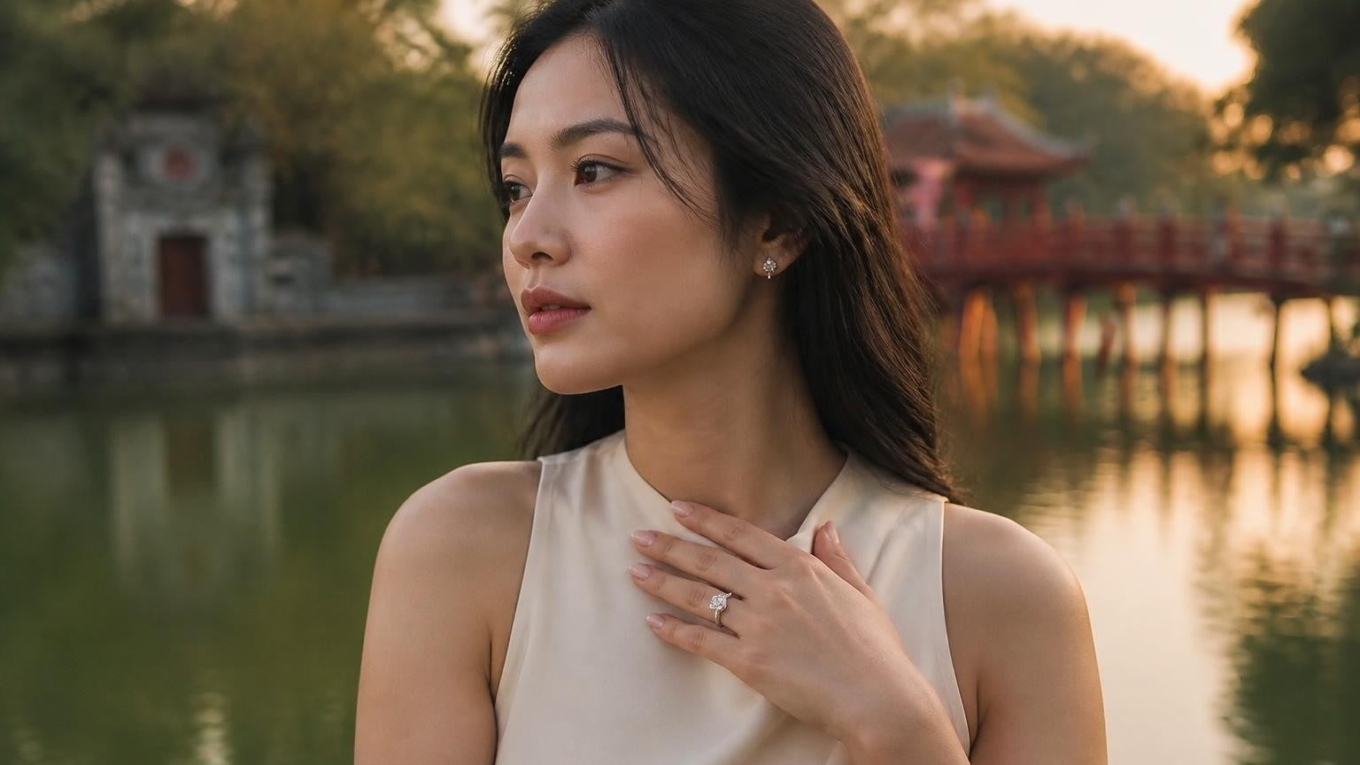 Best engagement rings in Hanoi — Satéur Destinée Ring with Hoan Kiem Lake at golden hour