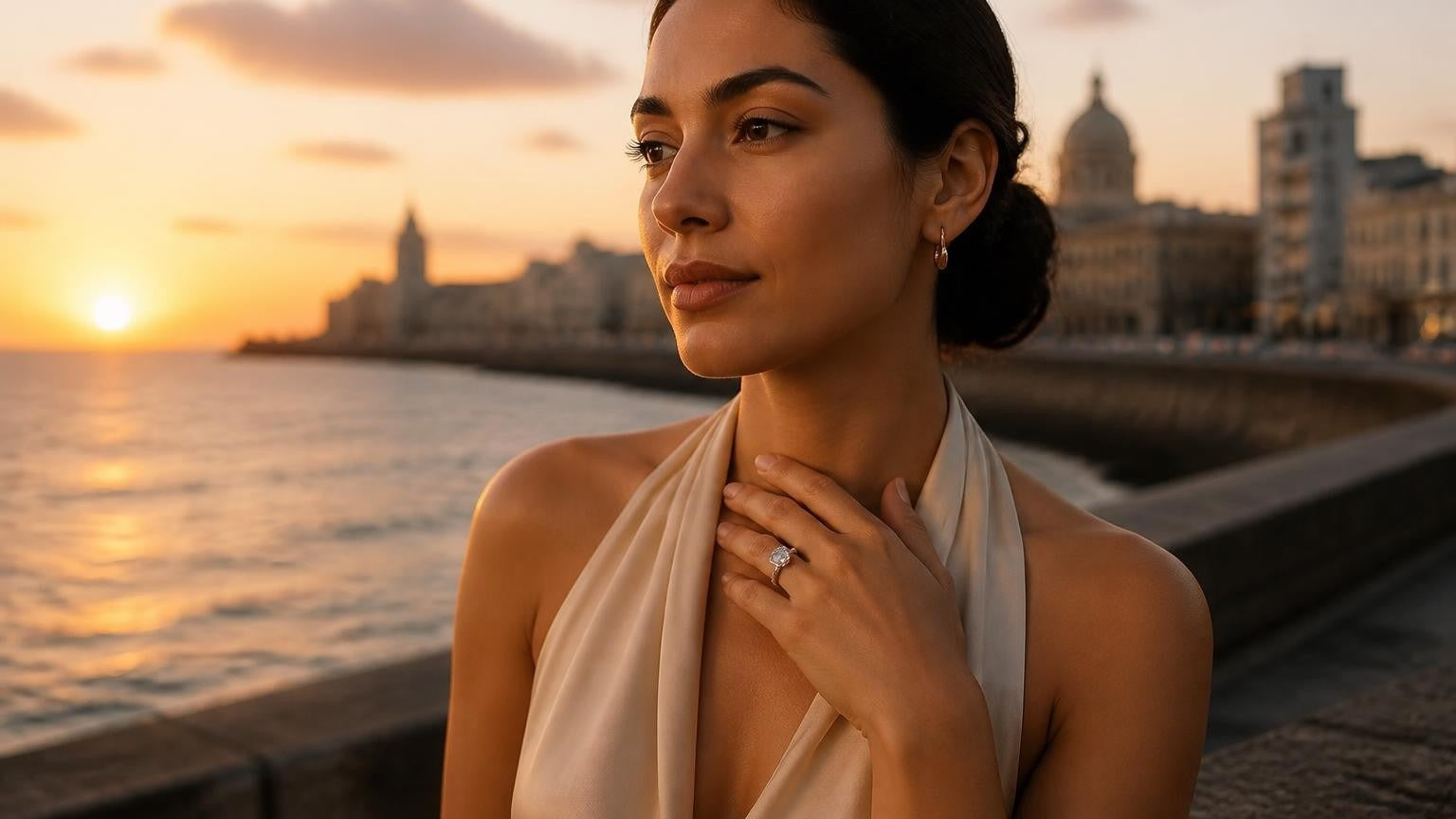 Best engagement rings in Havana — Satéur Destinée Ring™ with the Malecón seawall and Havana skyline