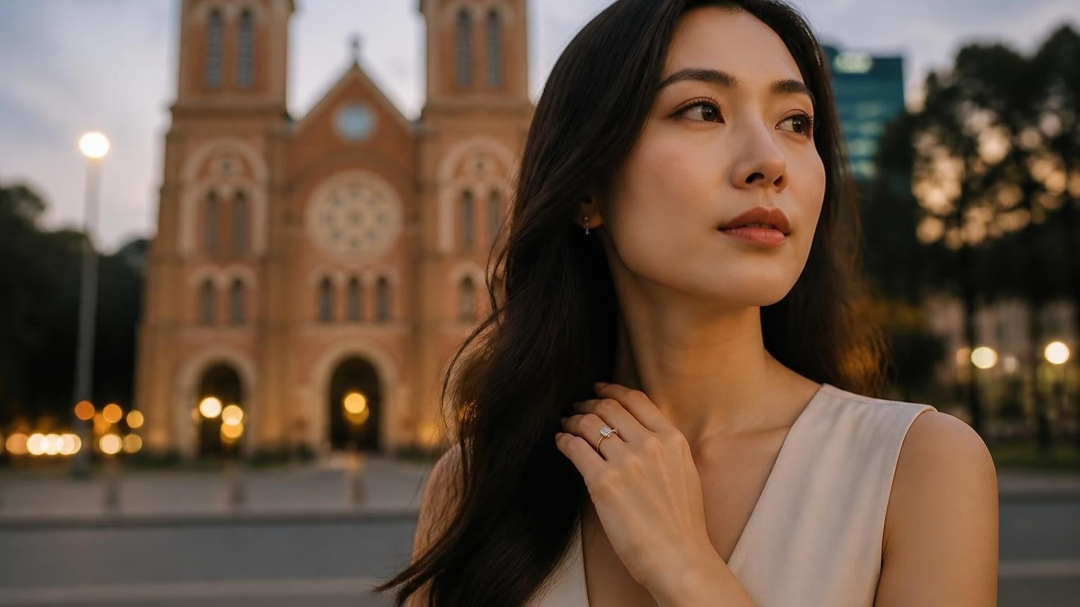 Best engagement rings in Ho Chi Minh City — elegant Vietnamese woman with Satéur Destinée Ring™ near Notre-Dame Cathedral Basilica of Saigon at dusk
