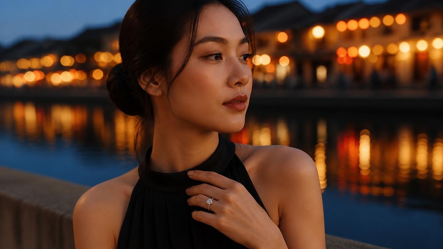 Best engagement rings in Hoi An – elegant Vietnamese woman wearing Satéur Destinée Ring™ with Ancient Town lanterns reflected in the Thu Bon River