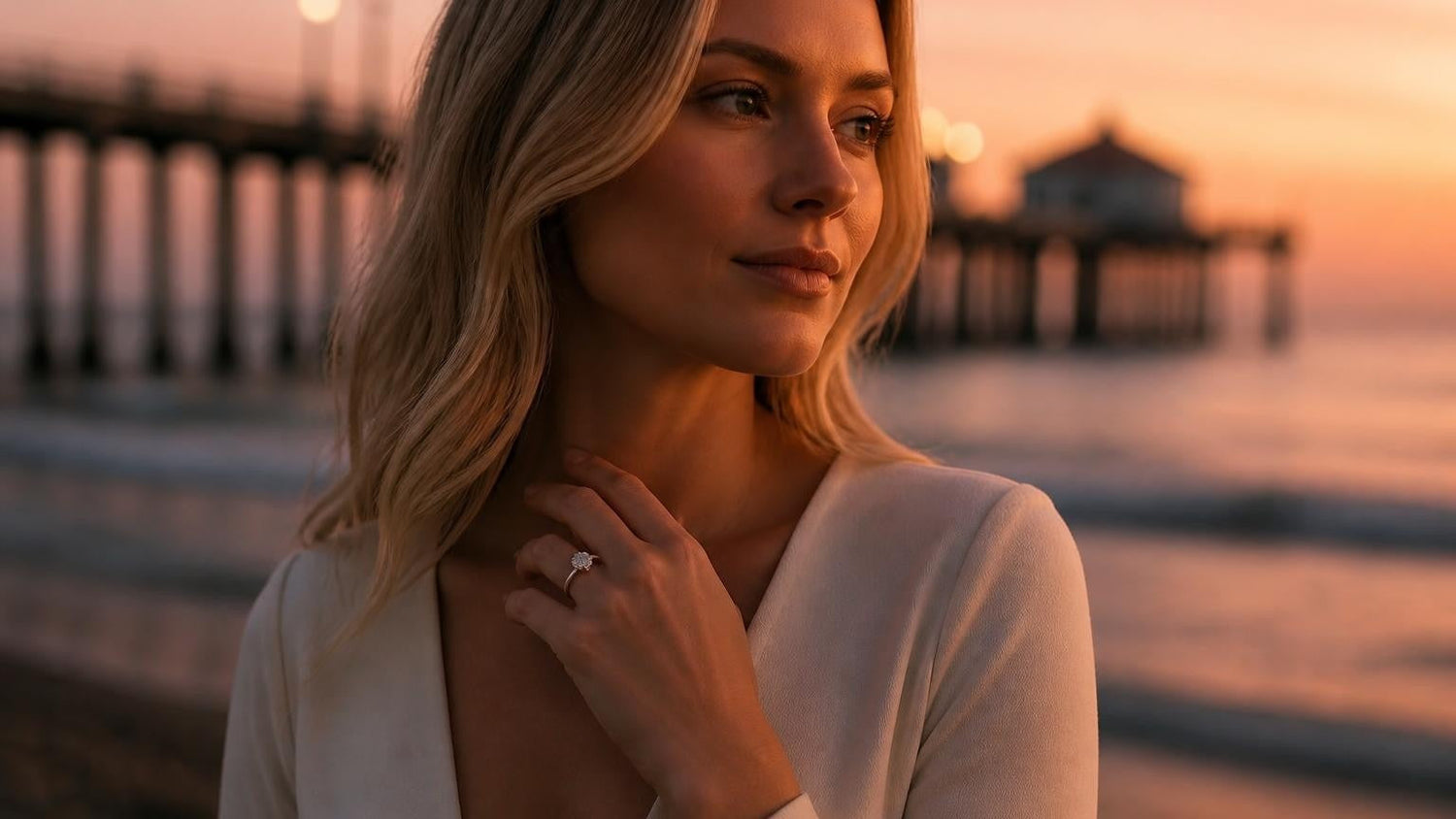 Best engagement rings in Huntington Beach — Satéur Destinée Ring at the pier at Pacific sunset