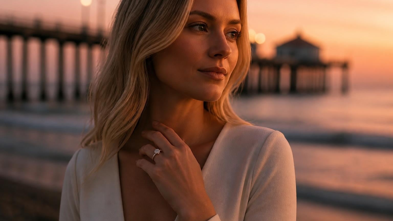 Best engagement rings in Huntington Beach — Satéur Destinée Ring at the pier at Pacific sunset