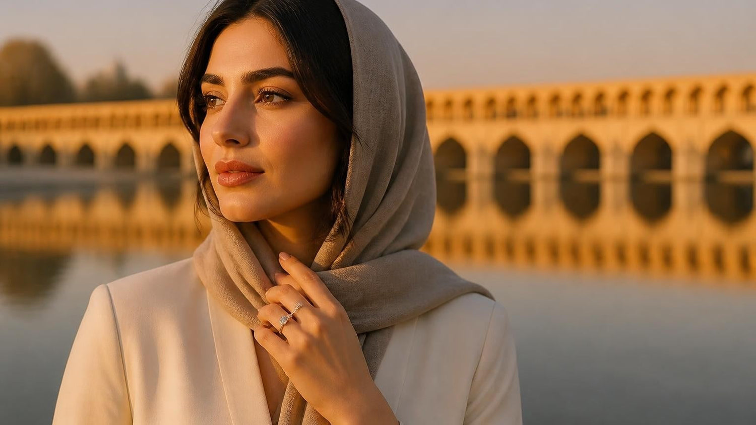 Best engagement rings in Iran — Satéur Destinée Ring with Si-o-Se Pol bridge, Isfahan, golden hour