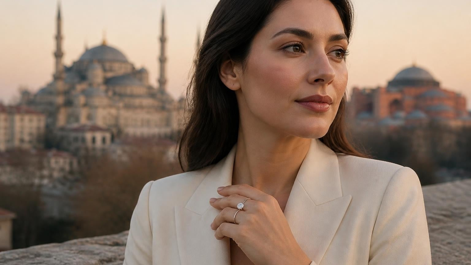 Best engagement rings in Istanbul — Satéur Destinée Ring™ with Blue Mosque and Hagia Sophia at dawn