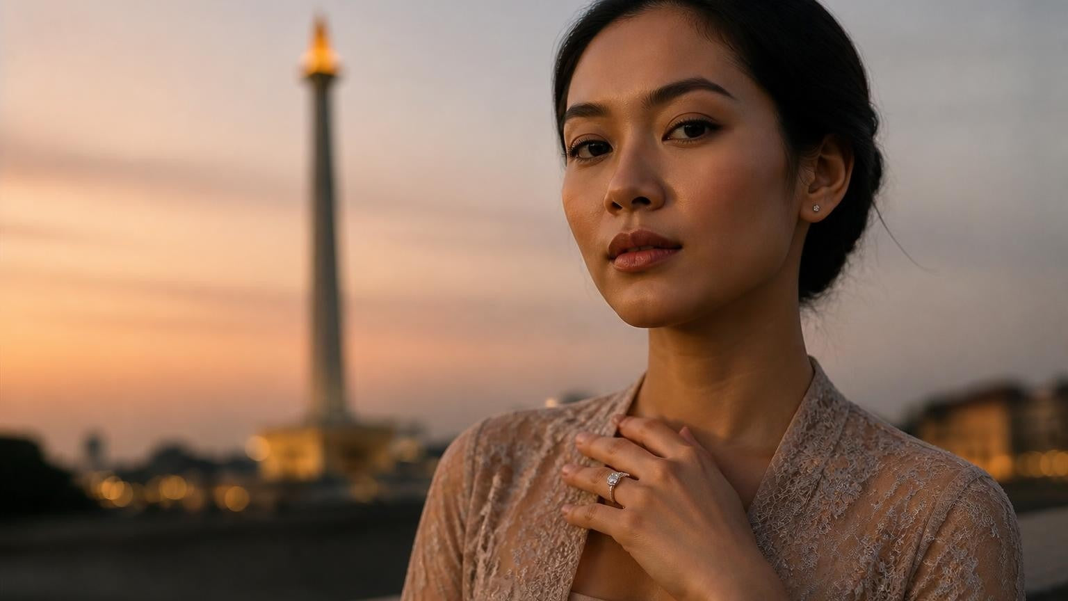 Best engagement rings in Jakarta — elegant Javanese woman with Satéur solitaire ring, Monas at dusk