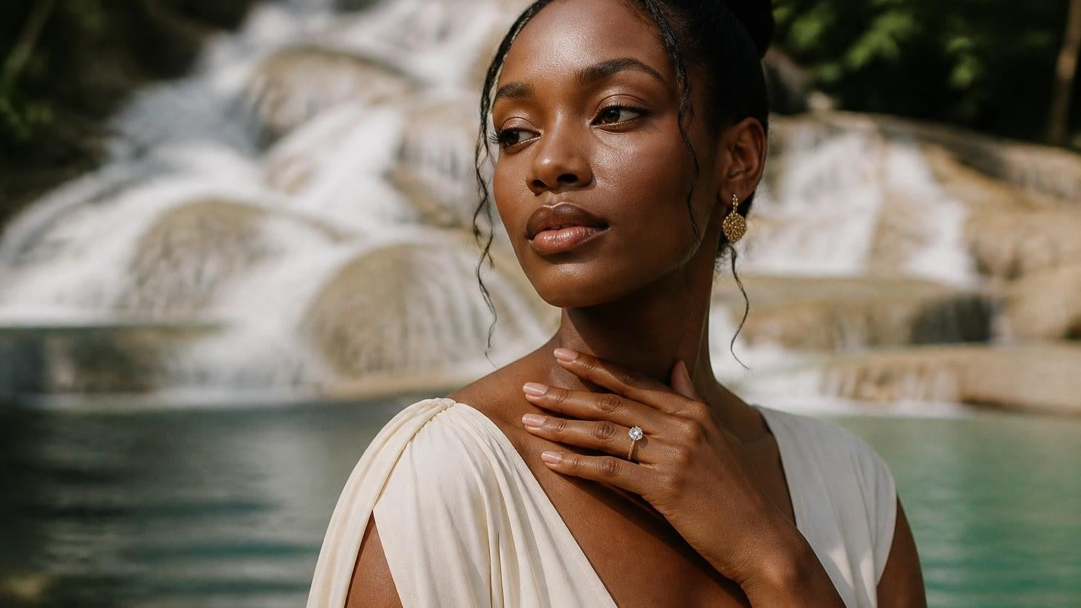 Best engagement ring in Jamaica — Satéur Destinée Ring with brilliant solitaire, Dunn's River Falls backdrop