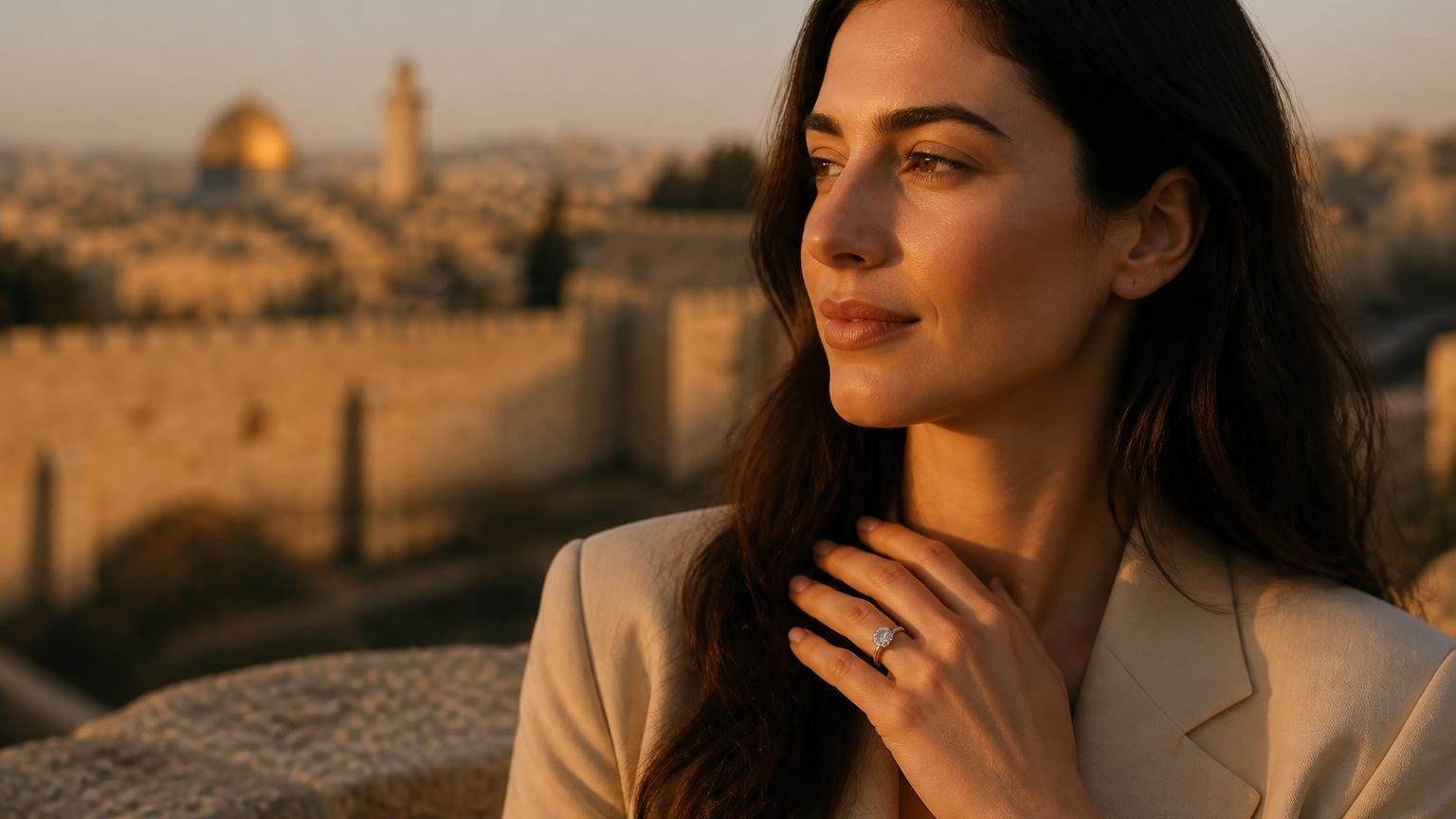 Best engagement rings in Jerusalem — Satéur Destinée Ring™ with Old City walls at golden hour