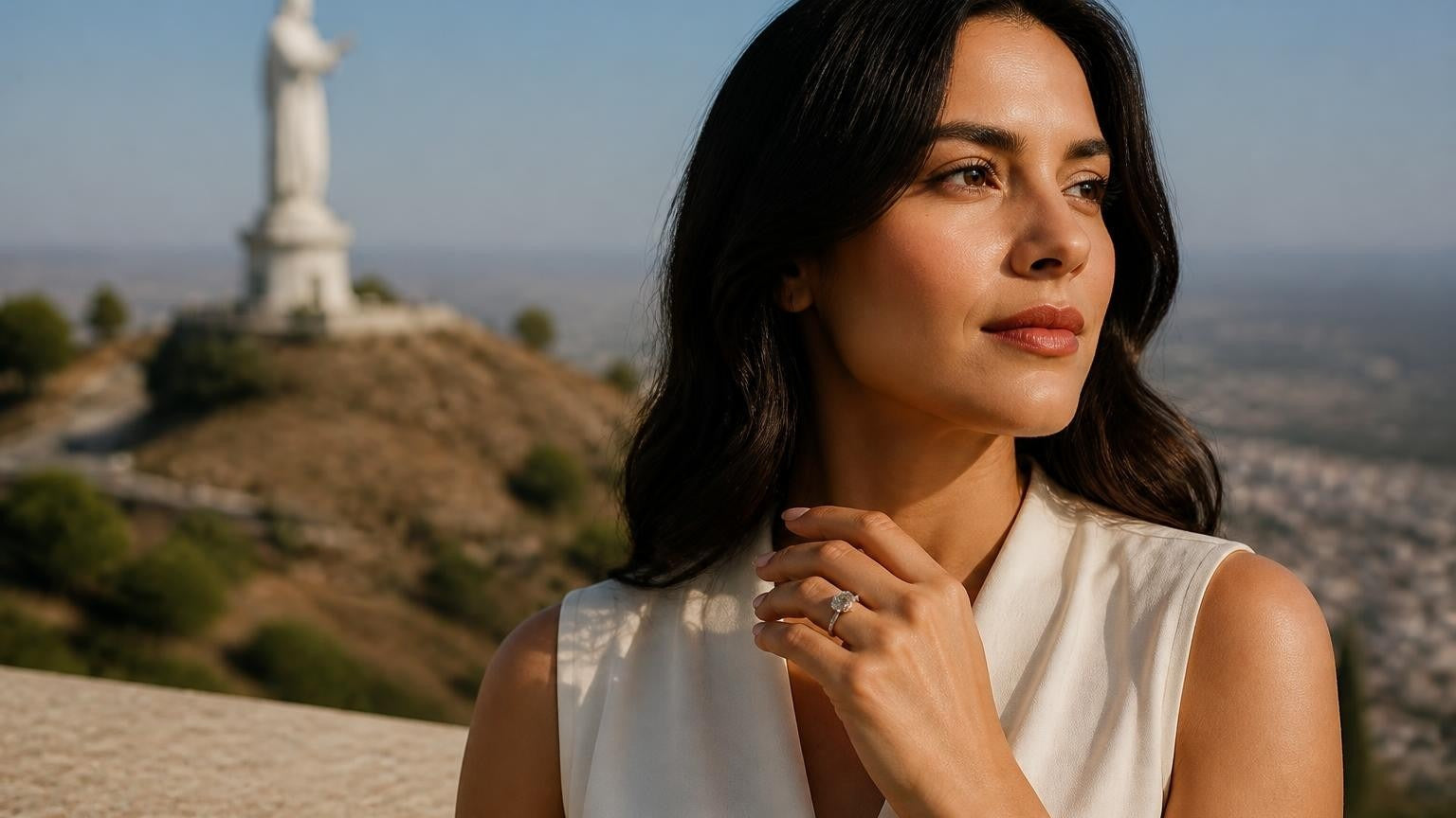 Best engagement rings in Juárez, Mexico — elegant woman with Satéur Destinée Ring, Cristo Rey statue in background