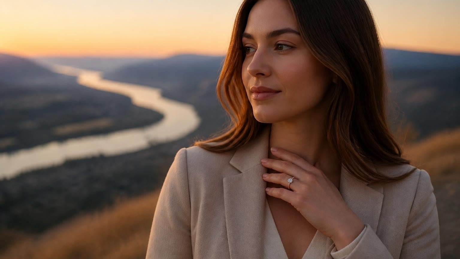 Best engagement ring in Kamloops — Satéur Destinée Ring™ with Thompson River at sunset