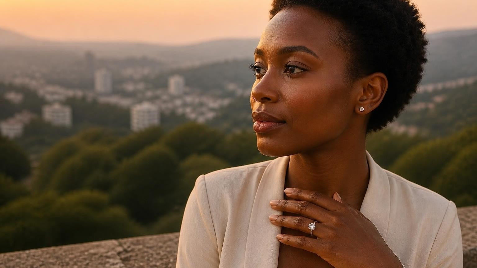 Best engagement rings in Kampala — Satéur Destinée Ring on Nakasero Hill at dawn