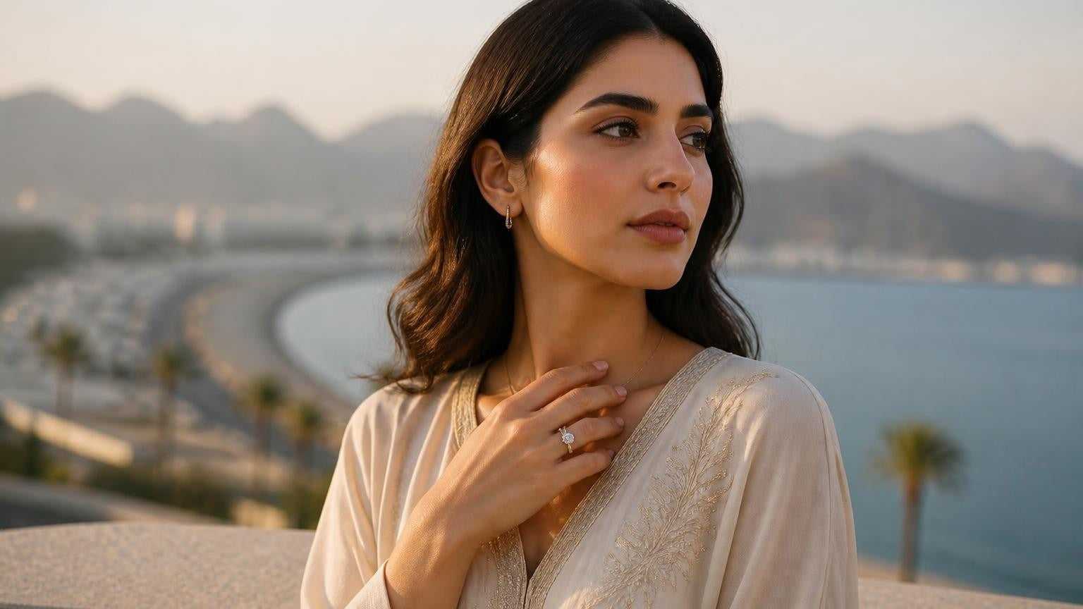 Best engagement rings in Khor Fakkan — Satéur Destinée Ring with Corniche crescent bay and Hajar Mountains