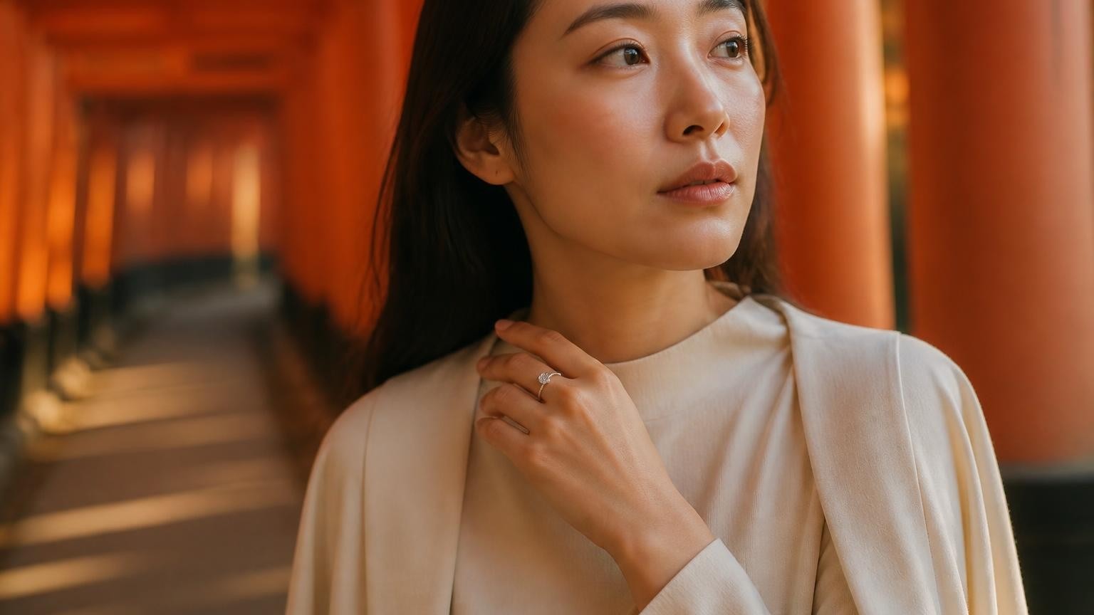 Best engagement rings in Kyoto — Satéur Destinée Ring at Fushimi Inari torii gates
