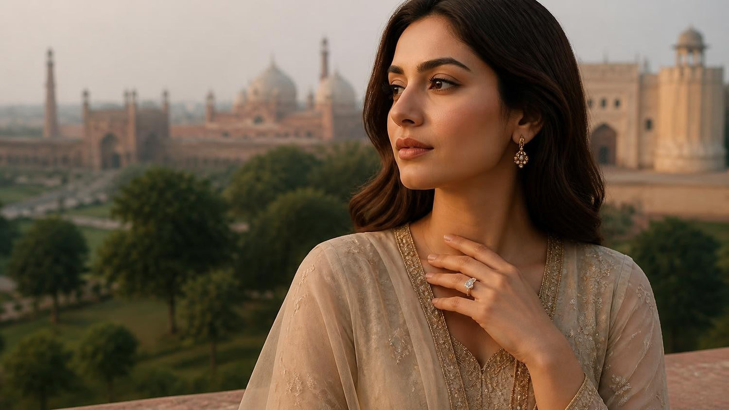 Best engagement rings in Lahore — Satéur Destinée Ring with Badshahi Mosque backdrop