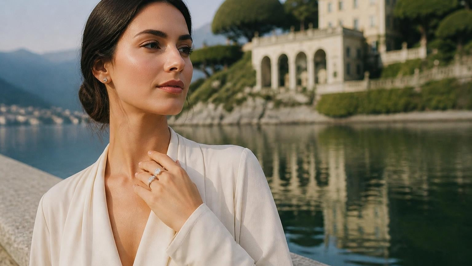Best engagement rings in Lake Como — elegant Italian woman with Satéur Destinée ring, Villa Balbianello reflected in the lake