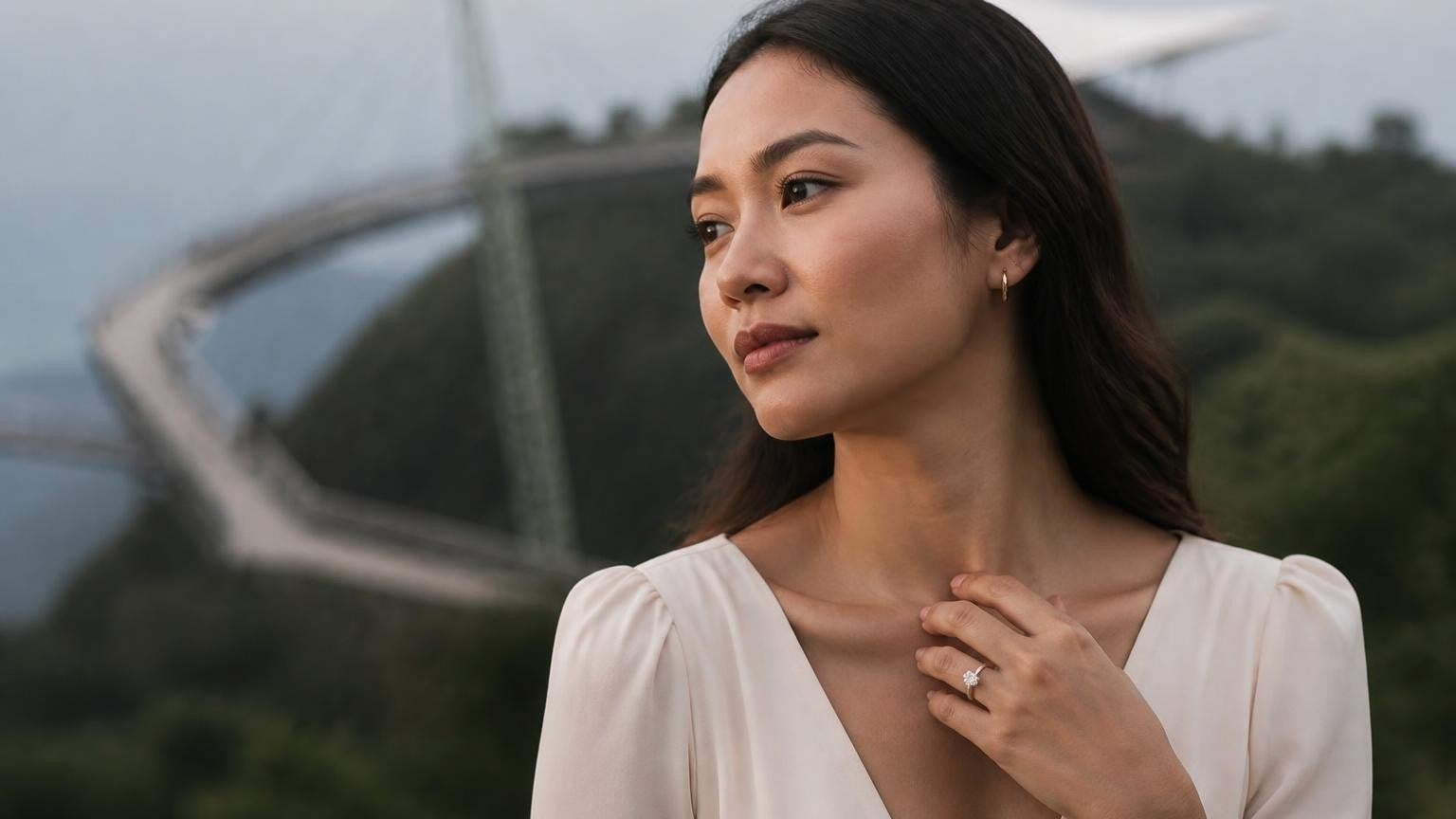 Best engagement ring in Langkawi — Satéur Destinée Ring™ with Langkawi Sky Bridge backdrop