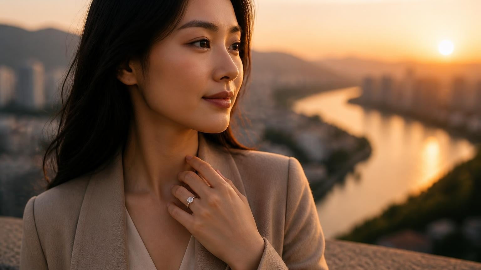 Best engagement rings in Lanzhou — Satéur Destinée Ring with the Yellow River at sunset