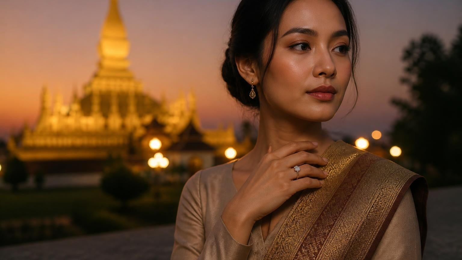 Best engagement rings in Laos — elegant Lao woman with solitaire ring, Pha That Luang stupa at dusk