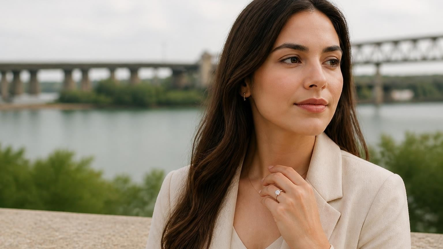 Best engagement rings in Laredo, Texas — elegant woman with Satéur Destinée ring, Rio Grande international bridge