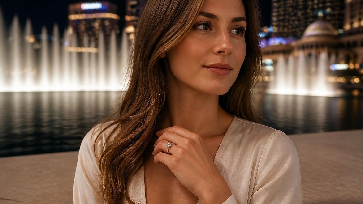 Best engagement rings in Las Vegas — Satéur Destinée Ring™ with the Bellagio fountains at night