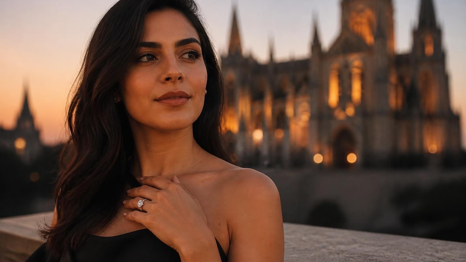 Best engagement rings in León, Mexico — elegant Mexican woman with Satéur Destinée Ring, Expiatorio basilica at dusk