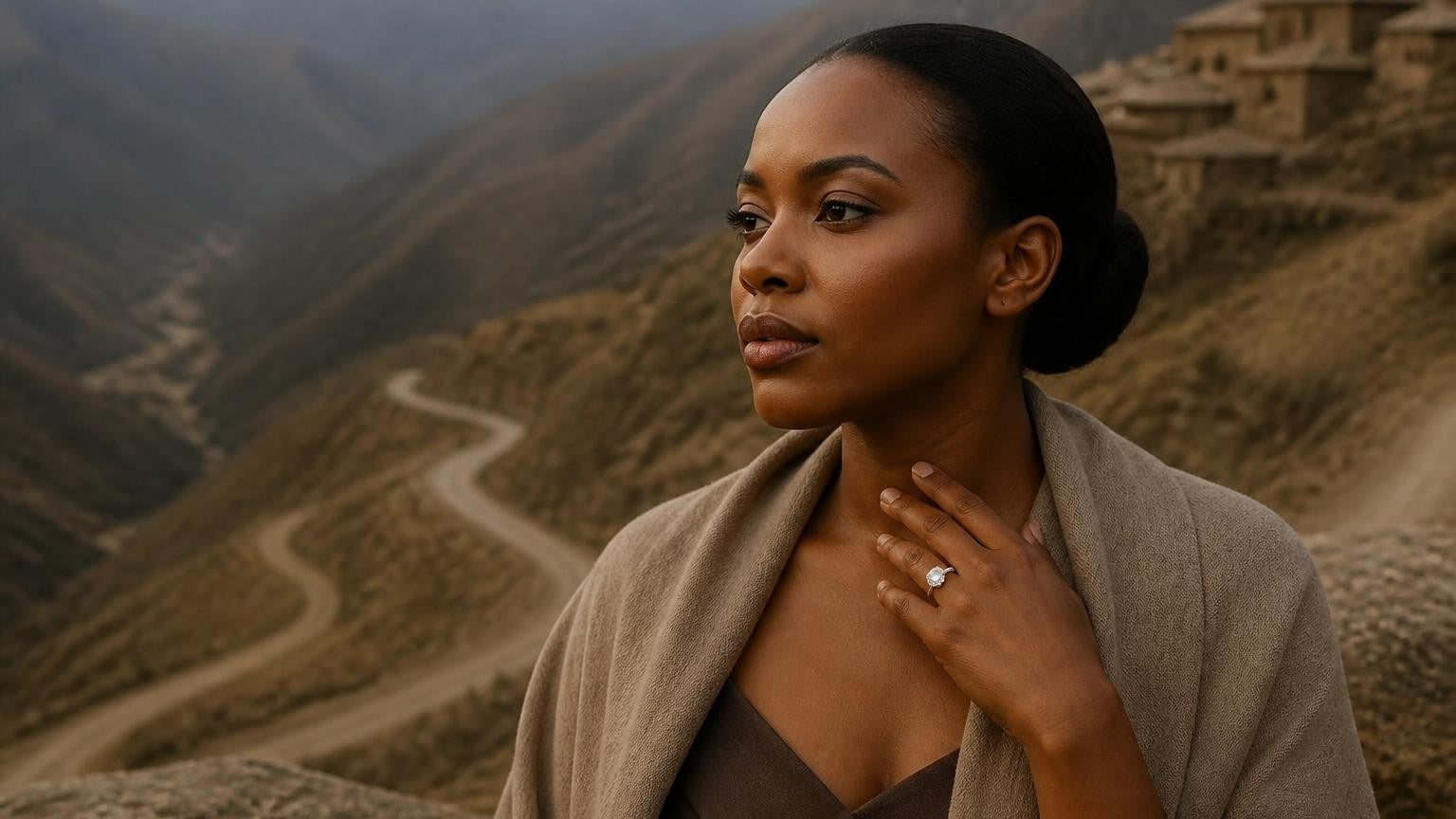 Best engagement rings in Lesotho — Basotho woman with Satéur Destinée ring, Sani Pass mountains