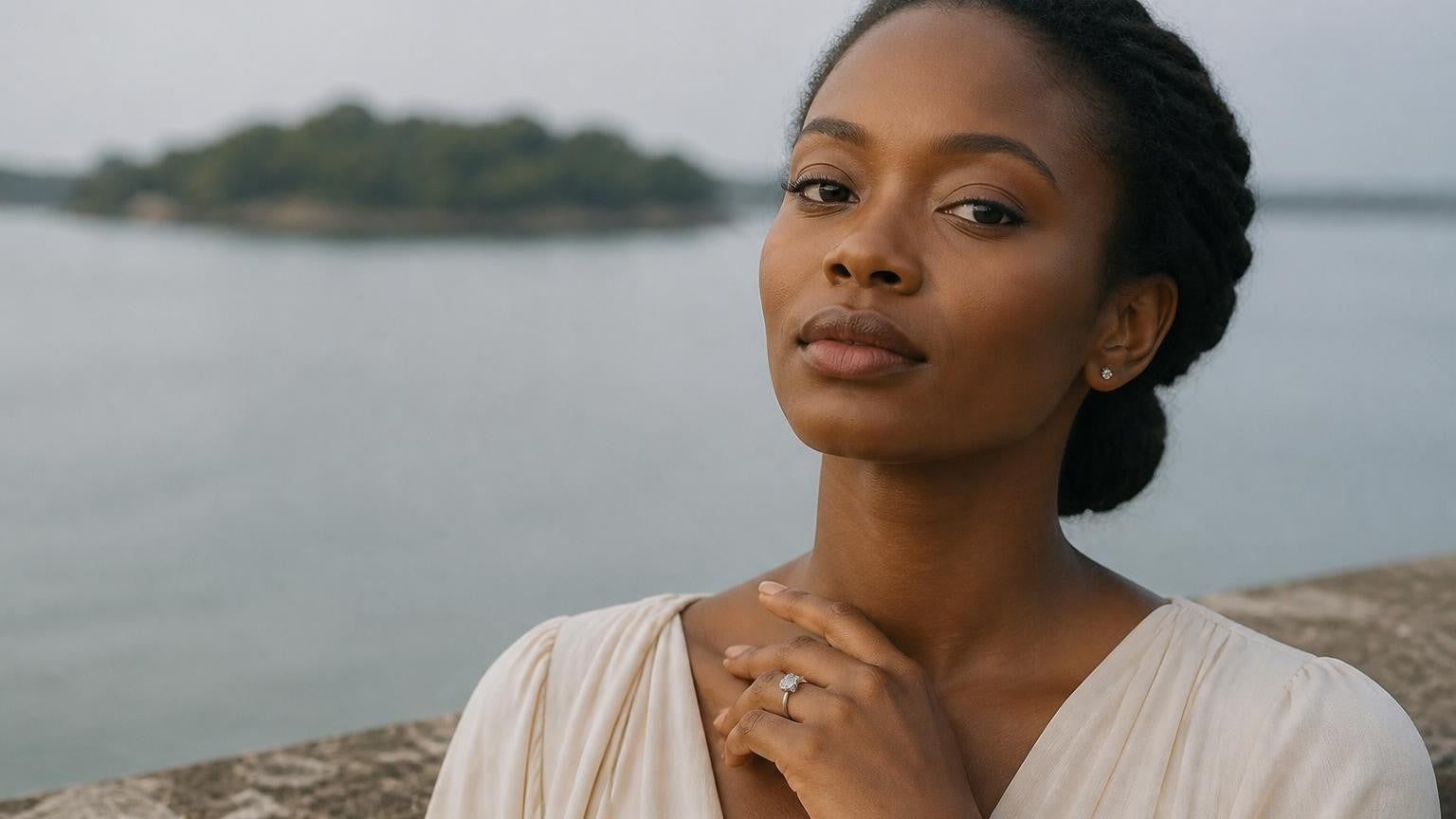 Best engagement rings in Liberia — Satéur Destinée Ring™ with Providence Island in the background