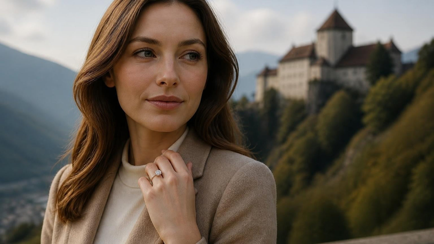 Best engagement rings in Liechtenstein — woman with Satéur Destinée Ring™ before Vaduz Castle