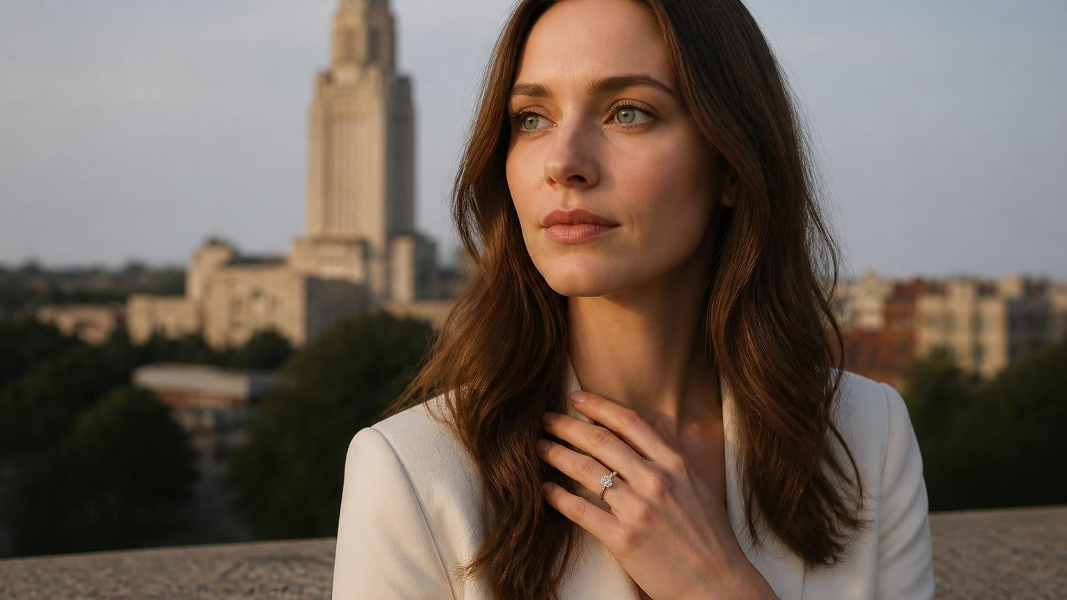 Best engagement rings in Lincoln Nebraska — Satéur Destinée Ring with Nebraska State Capitol