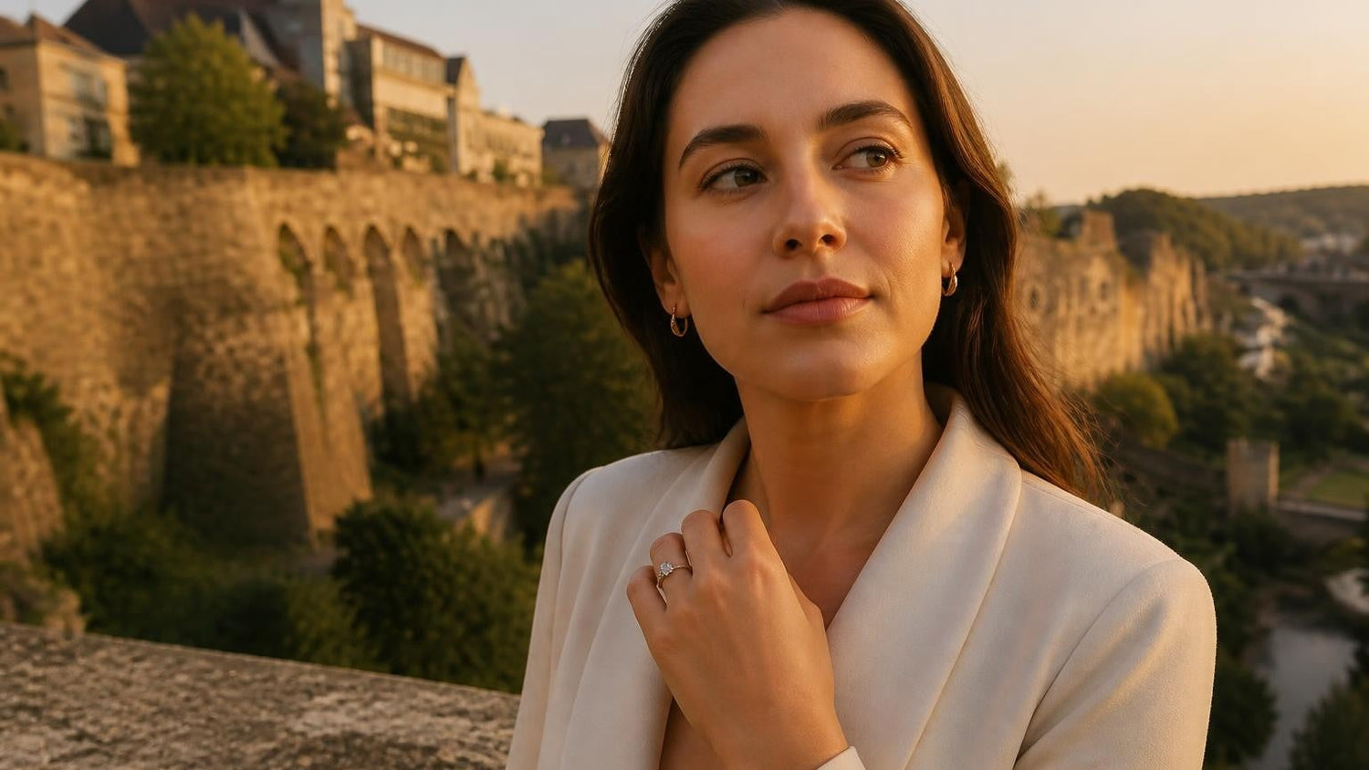 Satéur Destinée Ring™ — best engagement ring in Luxembourg, with the Bock Casemates fortification at golden hour