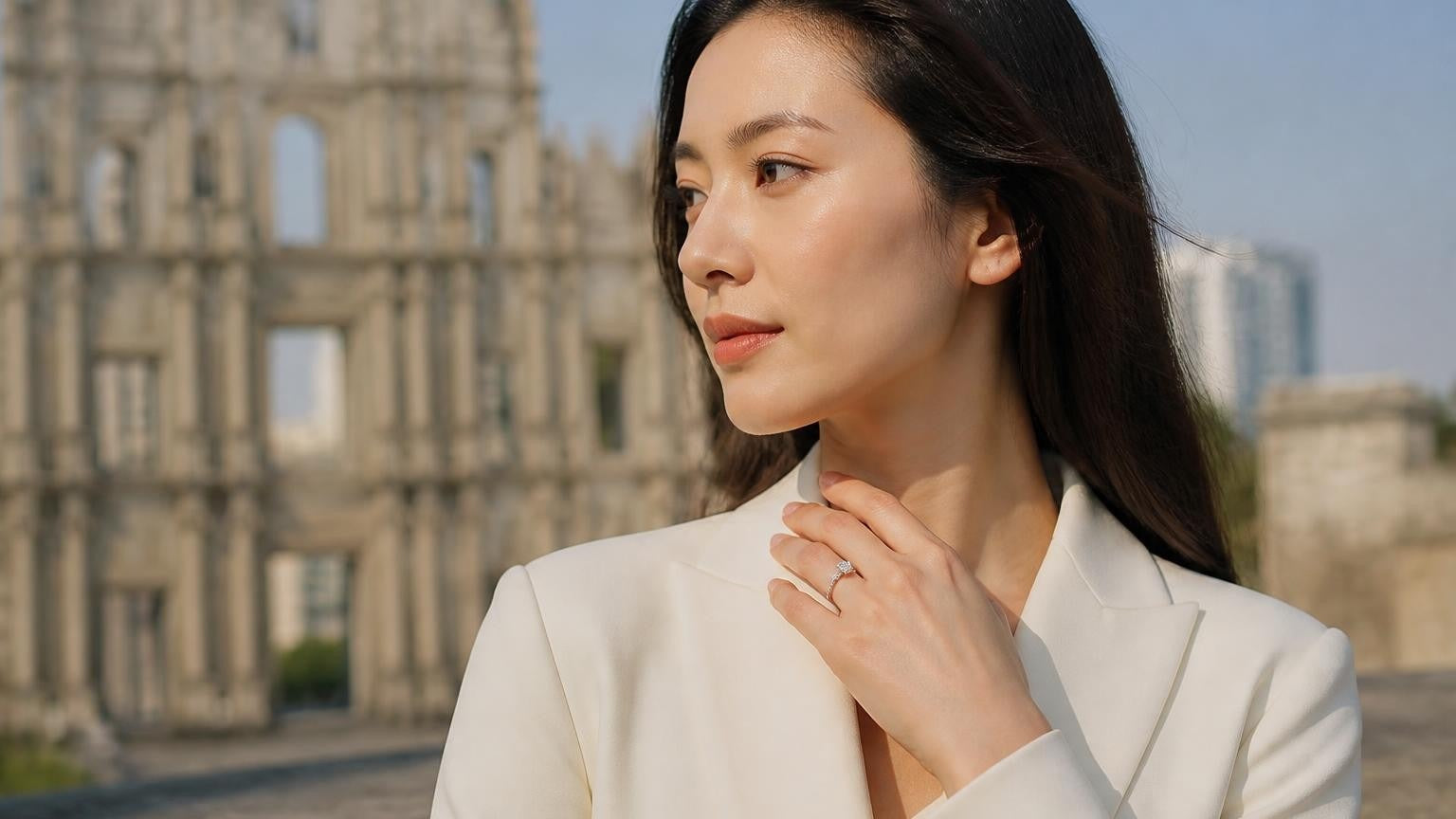 Best engagement ring in Macau — Satéur Destinée Ring™ with the Ruins of St. Paul’s