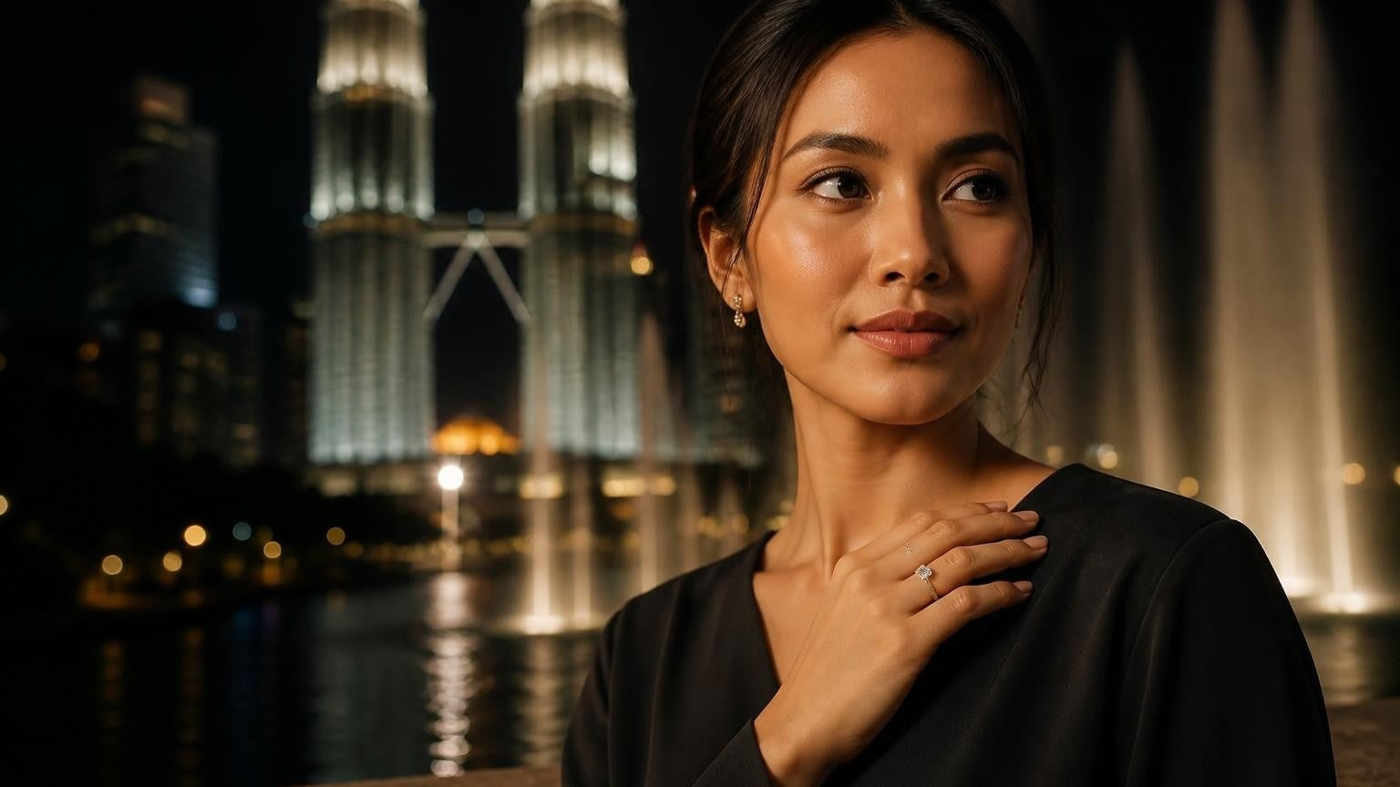 Best engagement ring in Malaysia — Satéur Destinée Ring with Petronas Twin Towers at dusk