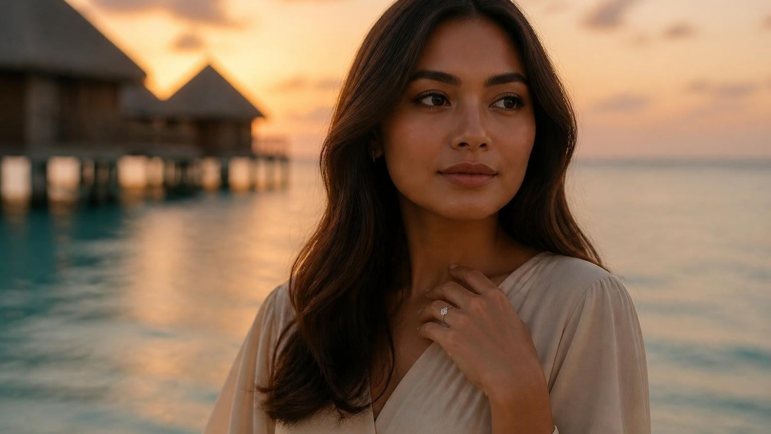 Best engagement rings in Maldives — Satéur Destinée Ring™ with overwater bungalow at sunset