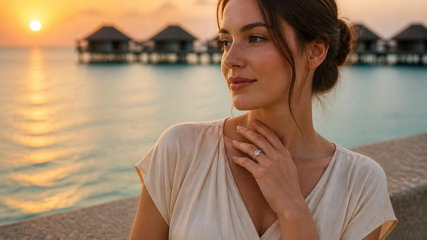 Best engagement rings in Malé, Maldives — Satéur Destinée Ring™ at sunset over the Indian Ocean