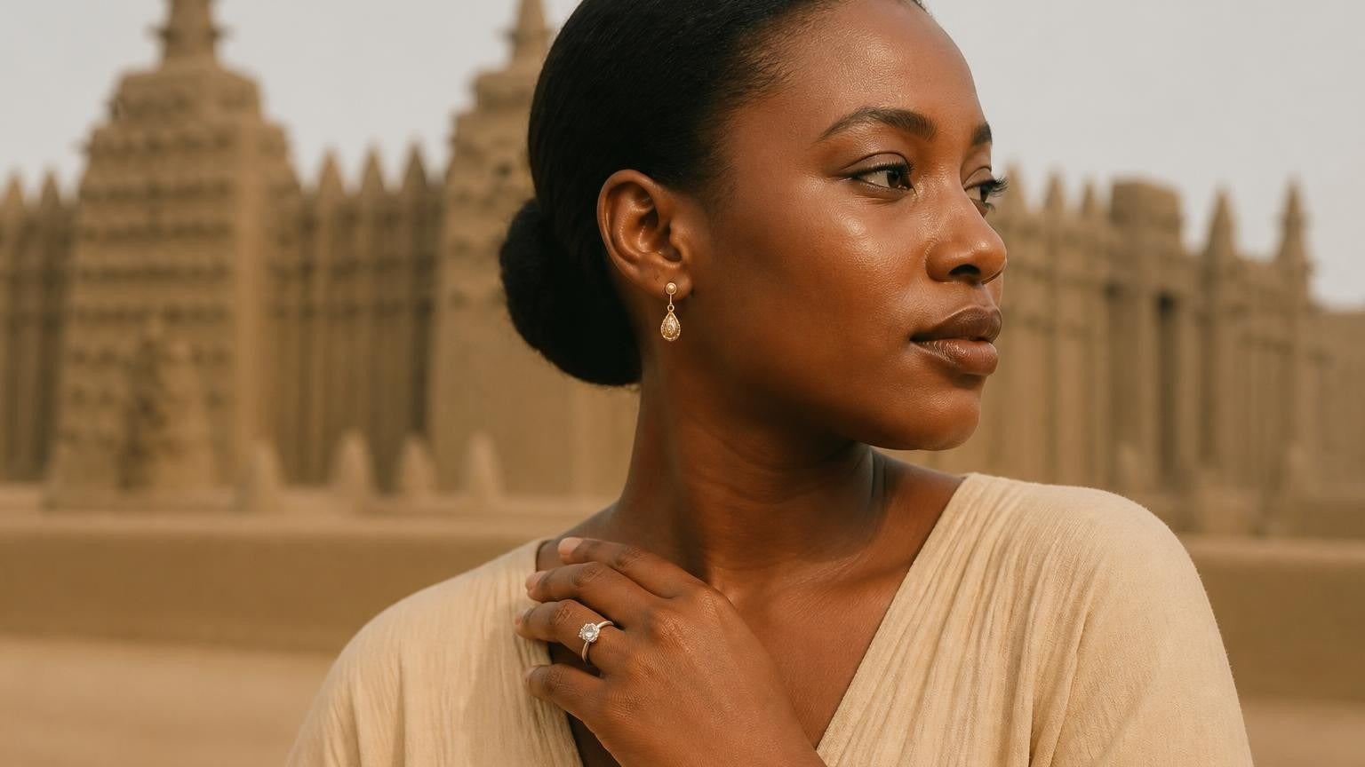 Best engagement rings in Mali — Malian woman with solitaire ring, Grande Mosquée de Djenné softly blurred behind