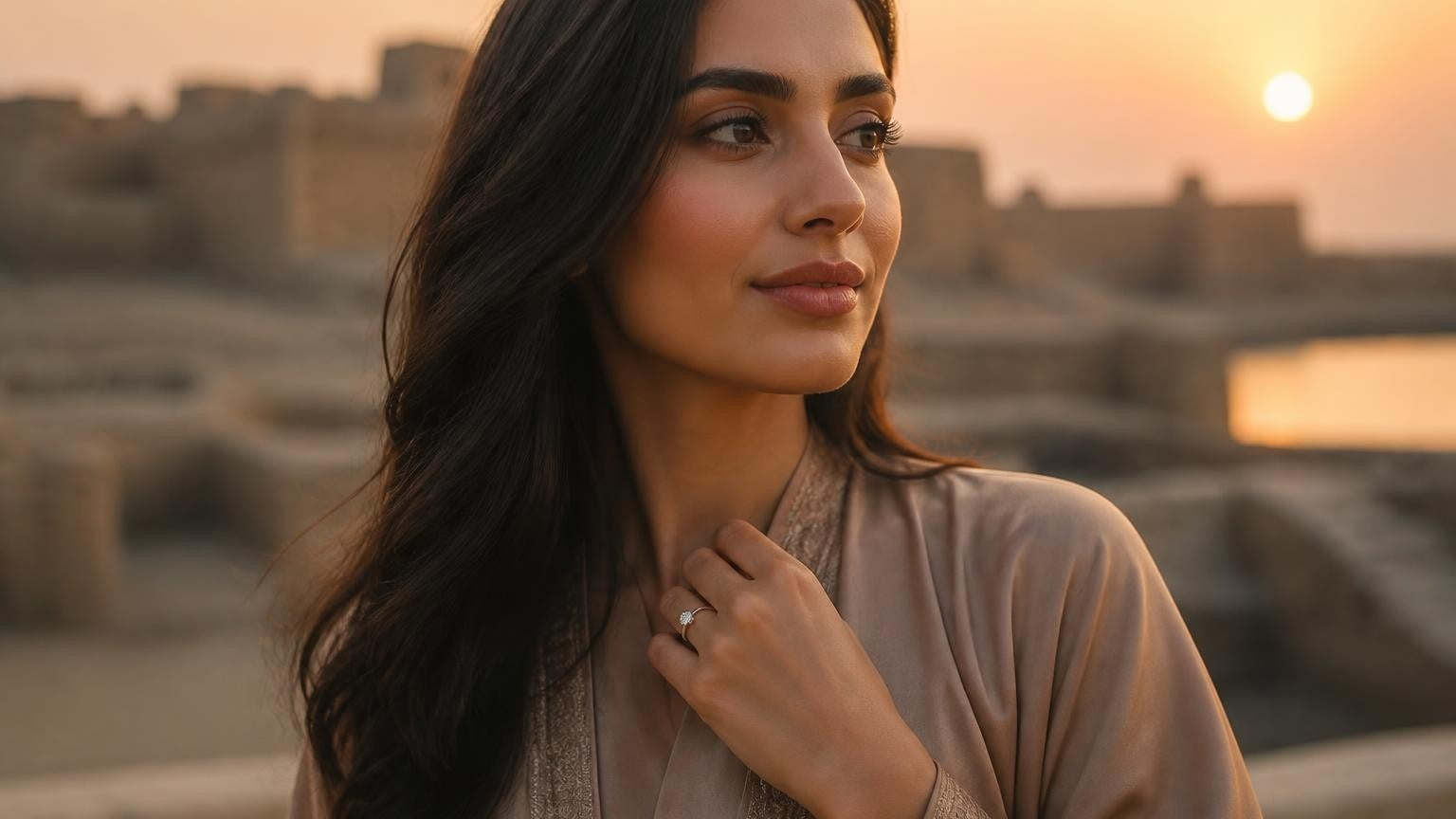 Best engagement rings in Manama — Satéur Destinée Ring with Bahrain Fort at sunset