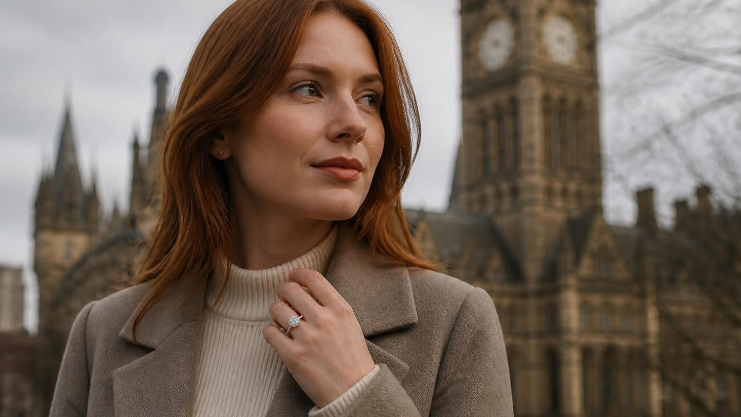 Best engagement rings in Manchester — Satéur Destinée Ring with Manchester Town Hall