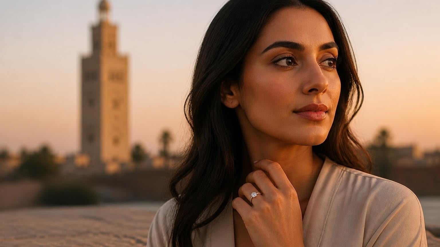 Best engagement rings in Marrakech — elegant Moroccan woman with Satéur Destinée Ring™ and Koutoubia Mosque at golden hour